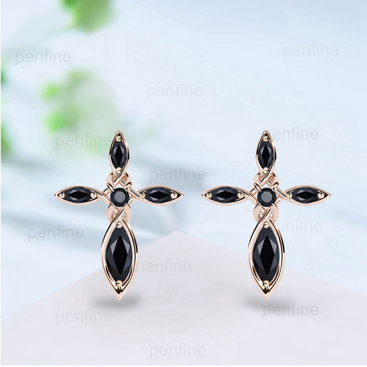 Vintage Cross black onyx earrings Unique Marquise Spinel Stud Earrings Dainty 14k 18k rose gold  Religious Protective Necklace for women - PENFINE