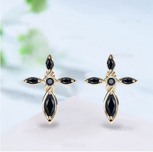 Vintage Cross black onyx earrings Unique Marquise Spinel Stud Earrings Dainty 14k 18k rose gold Religious Protective Necklace for women - PENFINE