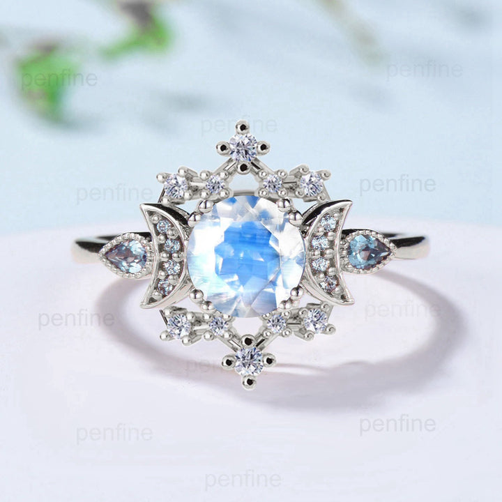 Unique Moonstone Engagement Ring Fancy Crescent Moon Alexandrite Wedding Ring Women Galaxy Star Rainbow Blue Anniversary Ring Gift for Women - PENFINE