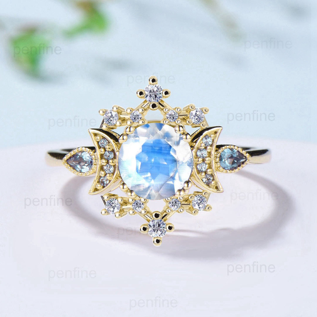 Unique Moonstone Engagement Ring Fancy Crescent Moon Alexandrite Wedding Ring Women Galaxy Star Rainbow Blue Anniversary Ring Gift for Women - PENFINE