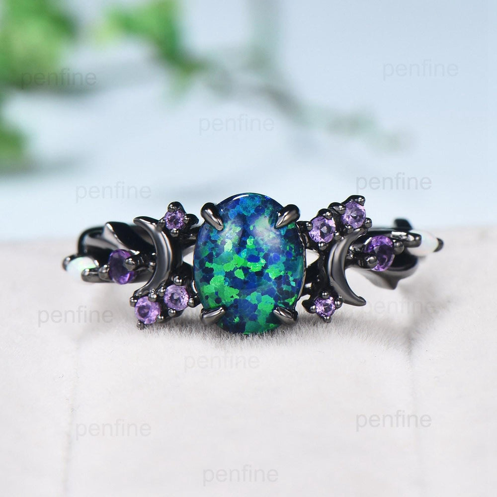 Unique Black Gold Opal Engagement Ring Vintage Black Opal Moon Engagement Ring Branch Cluster Amethyst Wedding Ring Promise Gift For Women - PENFINE