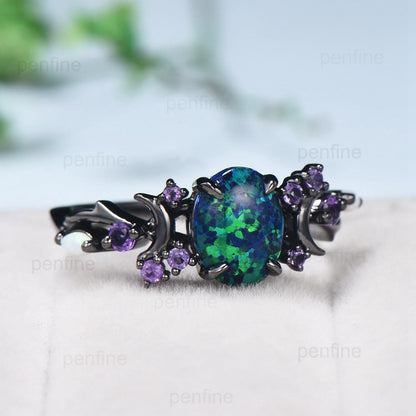 Unique Black Gold Opal Engagement Ring Vintage Black Opal Moon Engagement Ring Branch Cluster Amethyst Wedding Ring Promise Gift For Women - PENFINE