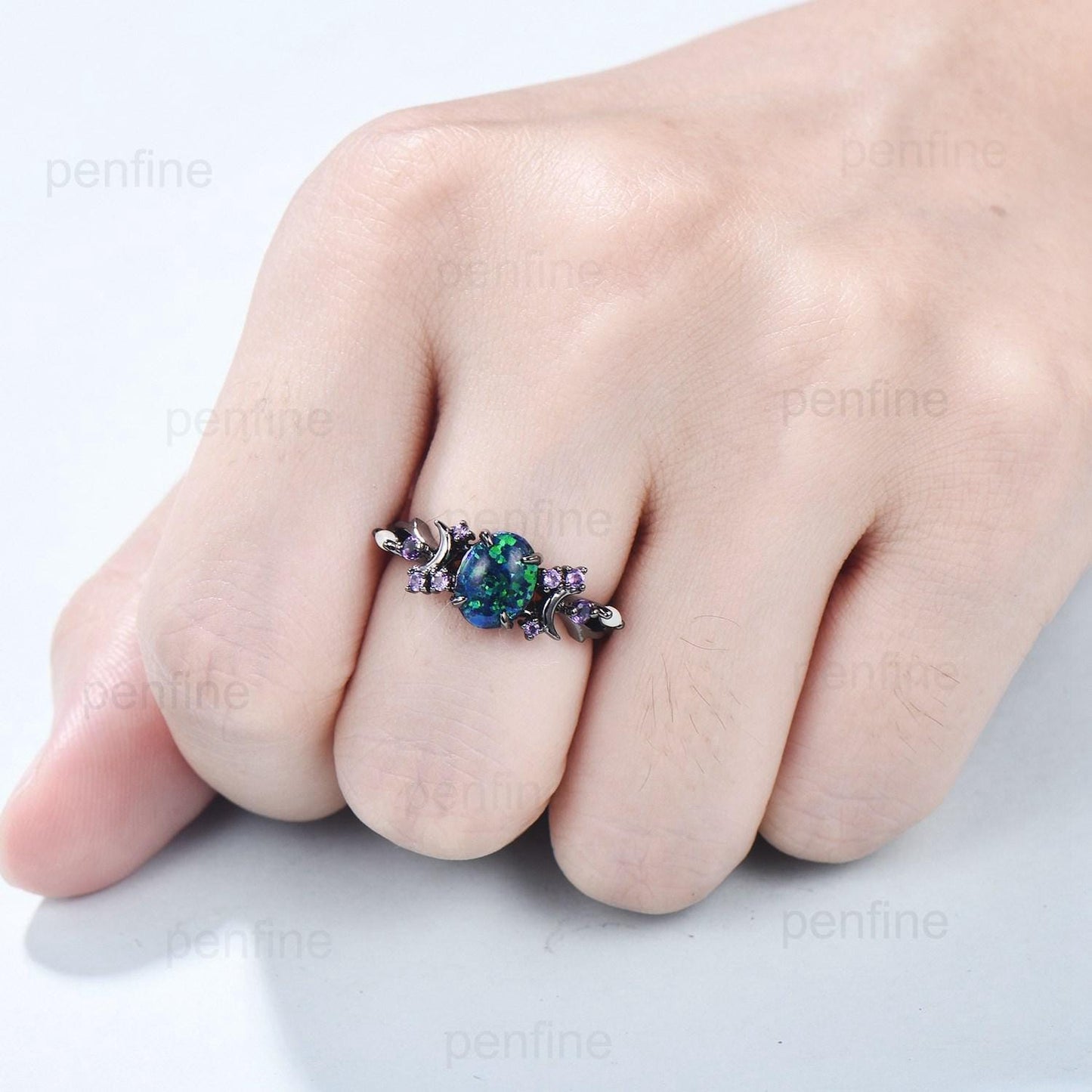 Unique Black Gold Opal Engagement Ring Vintage Black Opal Moon Engagement Ring Branch Cluster Amethyst Wedding Ring Promise Gift For Women - PENFINE