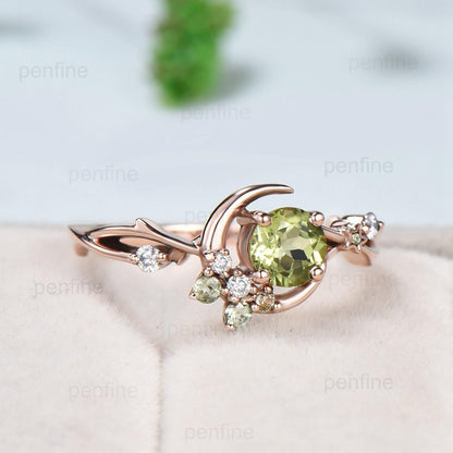 Natural Peridot Engagement Ring / Round Green Peridot Ring/ Vintage Rose Gold Star Moon Engagement Ring August Birthstone Anniversary Ring - PENFINE