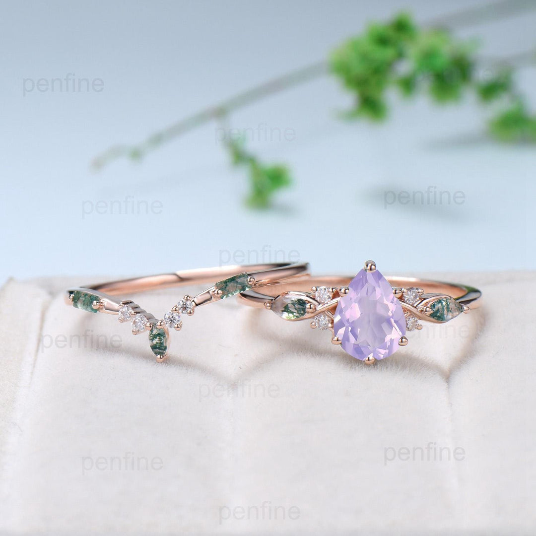 Vintage Pear Shaped Natural Lavender Amethyst Engagement Ring Set Unique 14k Rose Gold Vine Marquise Baguette Agate Wedding Ring Set Women - PENFINE