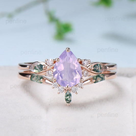 Vintage Pear Shaped Natural Lavender Amethyst Engagement Ring Set Unique 14k Rose Gold Vine Marquise Baguette Agate Wedding Ring Set Women - PENFINE