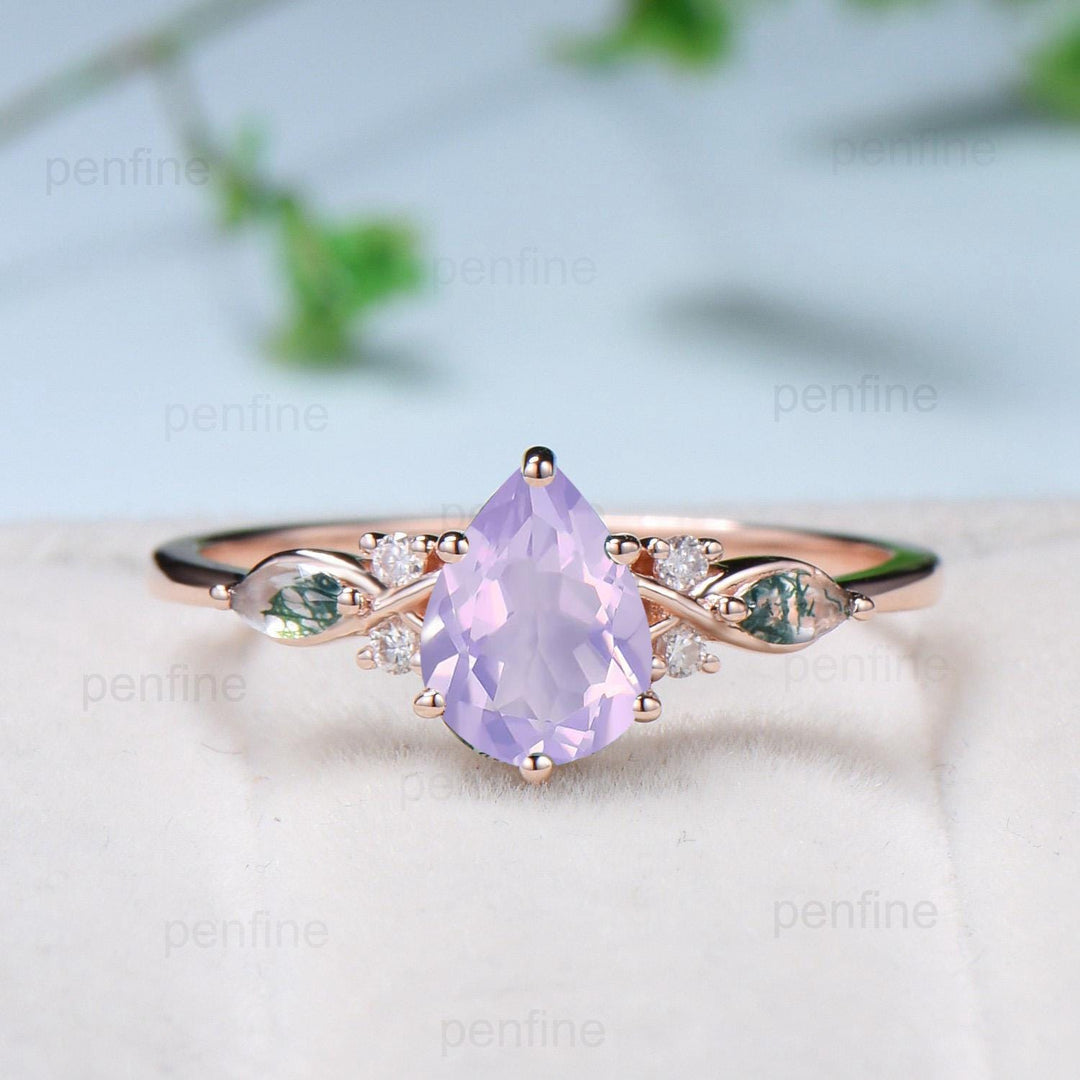 Vintage Pear Shaped Natural Lavender Amethyst Engagement Ring Set Unique 14k Rose Gold Vine Marquise Baguette Agate Wedding Ring Set Women - PENFINE