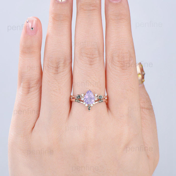 Vintage Pear Shaped Natural Lavender Amethyst Engagement Ring Set Unique 14k Rose Gold Vine Marquise Baguette Agate Wedding Ring Set Women - PENFINE