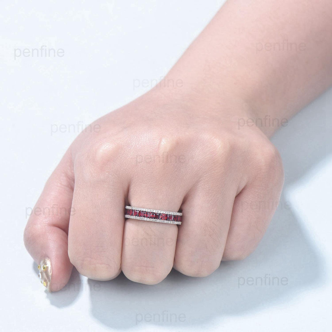 Vintage Garnet Wedding Band Full Eternity Princess Cut White gold Wedding Ring Unique Stacking January Birthstone Anniversary band gift - PENFINE