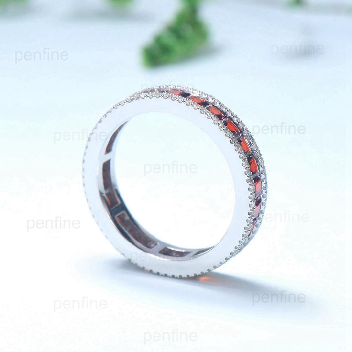 Vintage Garnet Wedding Band Full Eternity Princess Cut White gold Wedding Ring Unique Stacking January Birthstone Anniversary band gift - PENFINE