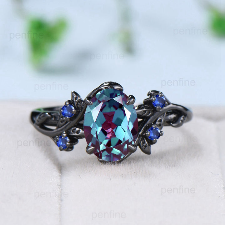 Nature Inspired Leaf alexandrite ring set black gold branch twig color change engagement ring unique sapphire wedding ring set for women - PENFINE