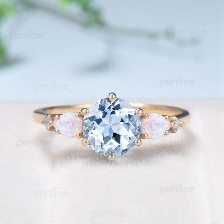 Vintage aquamarine engagement ring set | Unique solid gold opal aquamarine  five stone wedding set | Art deco opal alexandrite bridal set - PENFINE