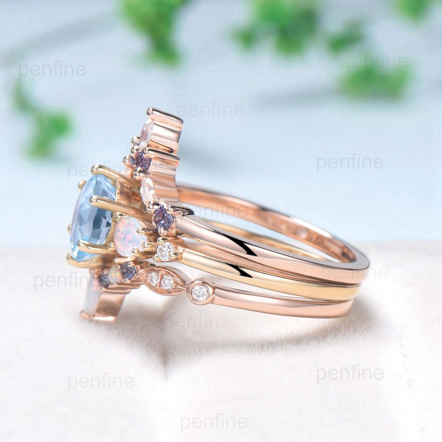 Vintage aquamarine engagement ring set | Unique solid gold opal aquamarine  five stone wedding set | Art deco opal alexandrite bridal set - PENFINE