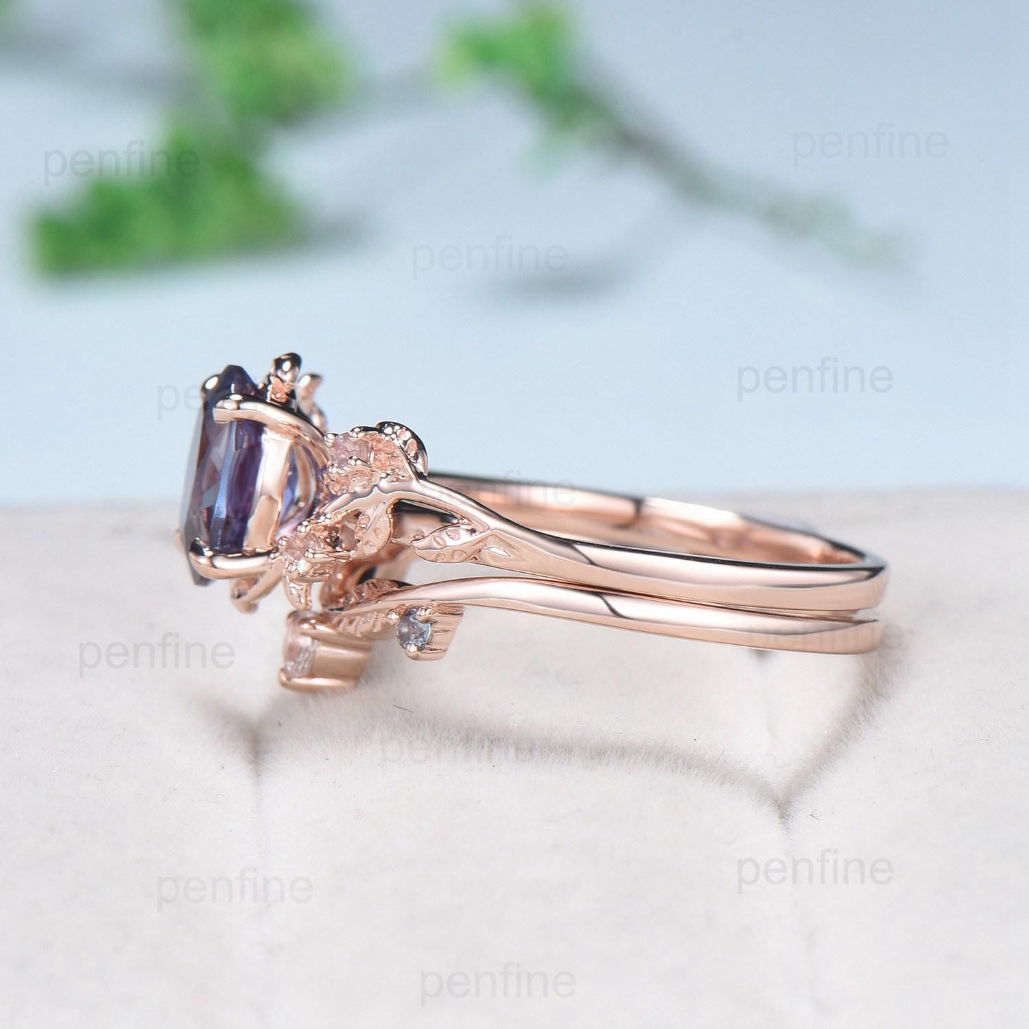 June Birthstone Wedding Ring Set Vintage alexandrite engagement ring Natural Inspired twig vine cluster moonstone unique anniversary ring - PENFINE