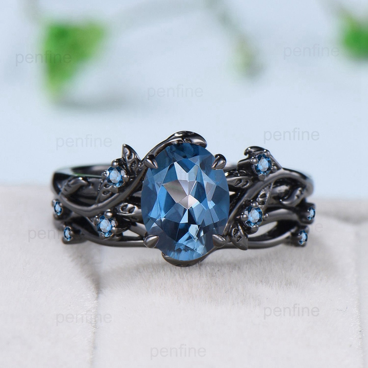 Unique black gold London blue topaz ring set Nature Inspired topaz engagement ring vintage cluster November birthstone Leaf bridal set women - PENFINE