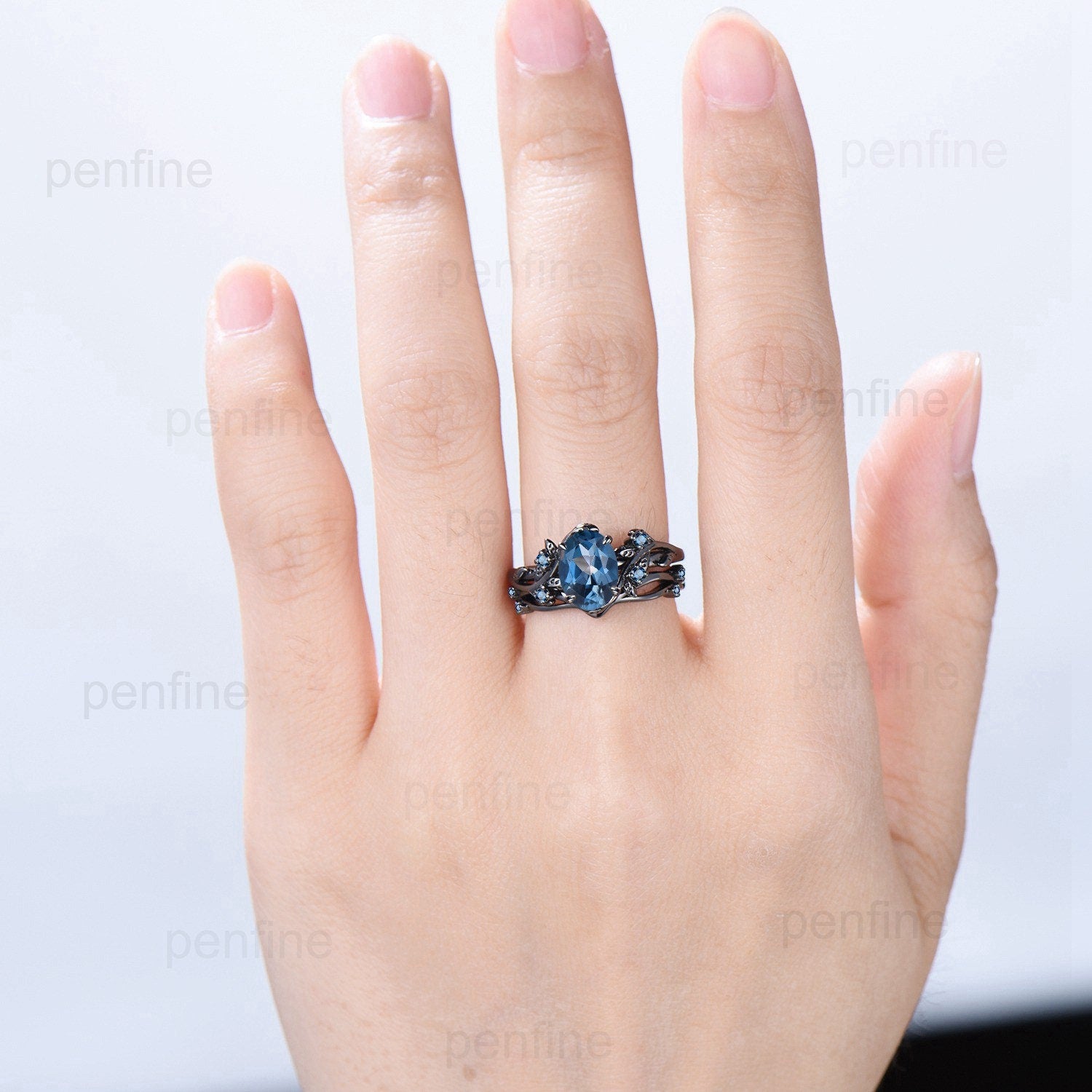 Unique black gold London blue topaz ring set Nature Inspired topaz engagement ring vintage cluster November birthstone Leaf bridal set women - PENFINE