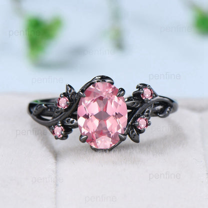 Nature Inspired Leaf Padparadscha sapphire ring set black gold branch twig pink tourmaline engagement ring unique wedding ring set for women - PENFINE