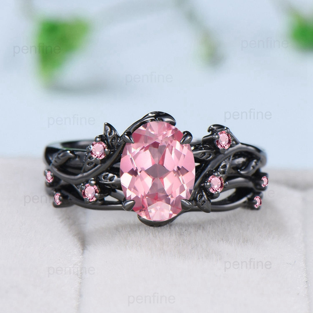 Nature Inspired Leaf Padparadscha sapphire ring set black gold branch twig pink tourmaline engagement ring unique wedding ring set for women - PENFINE