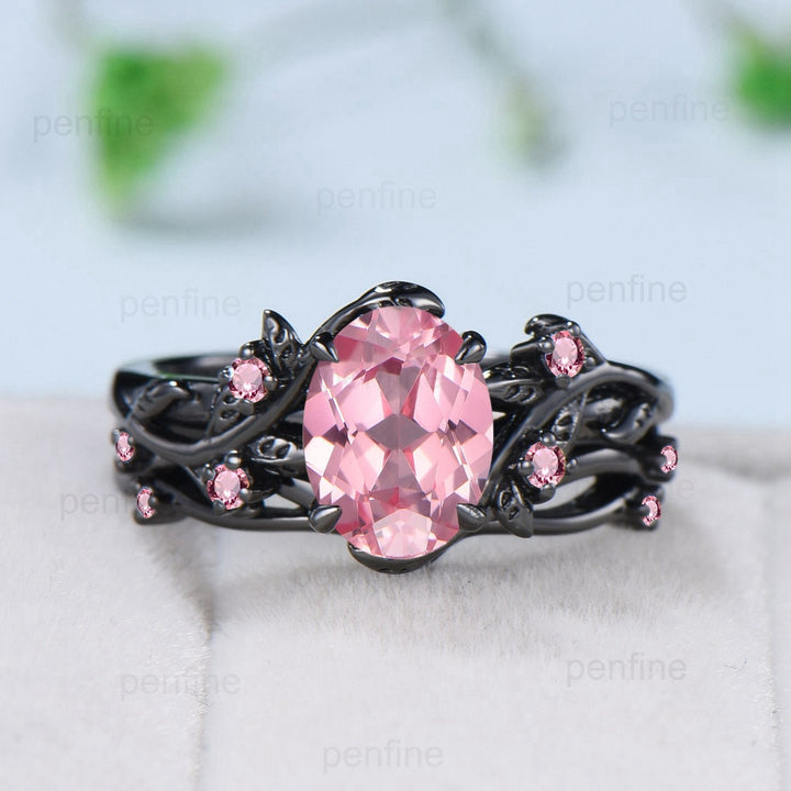 Nature Inspired Leaf Padparadscha sapphire ring set black gold branch twig pink tourmaline engagement ring unique wedding ring set for women - PENFINE