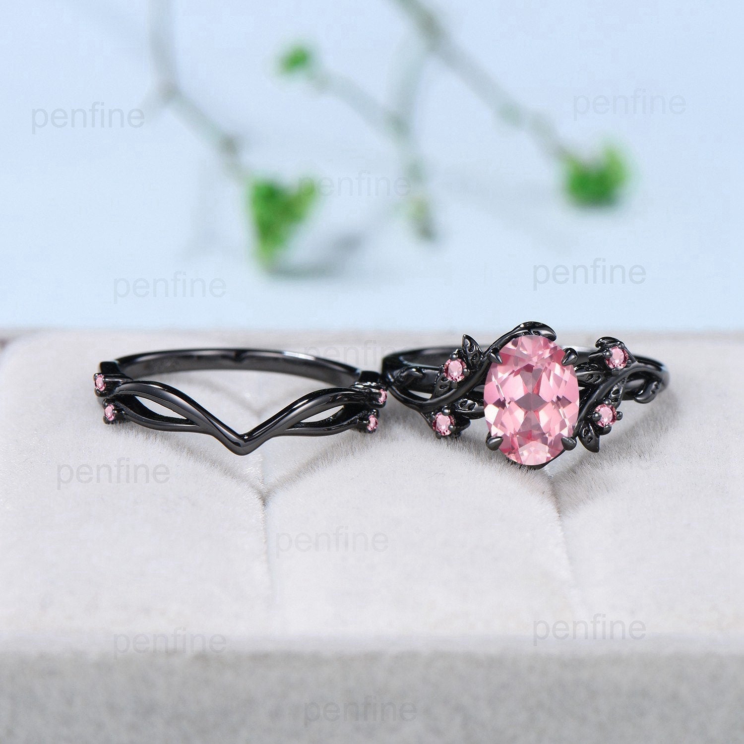 Nature Inspired Leaf Padparadscha sapphire ring set black gold branch twig pink tourmaline engagement ring unique wedding ring set for women - PENFINE