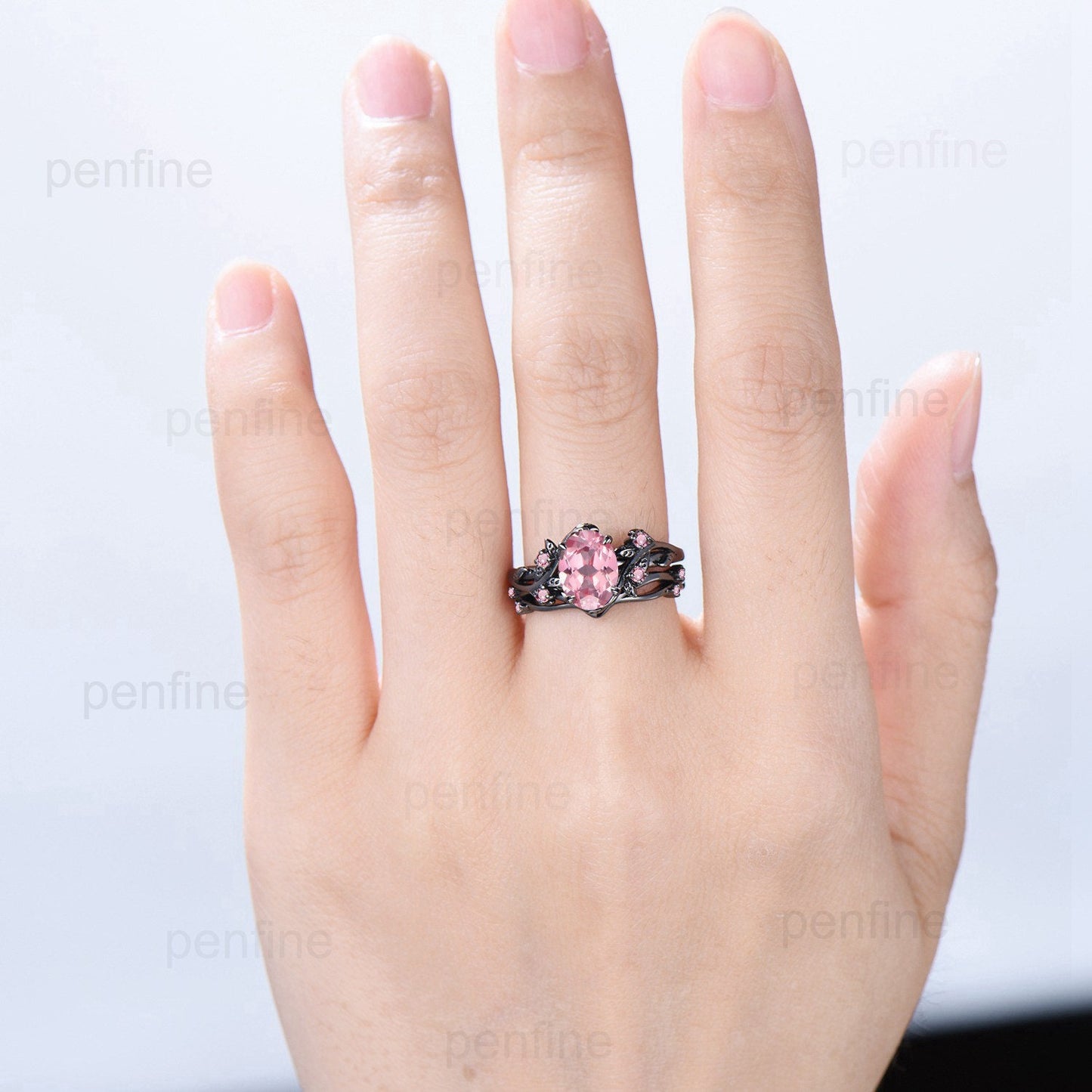 Nature Inspired Leaf Padparadscha sapphire ring set black gold branch twig pink tourmaline engagement ring unique wedding ring set for women - PENFINE