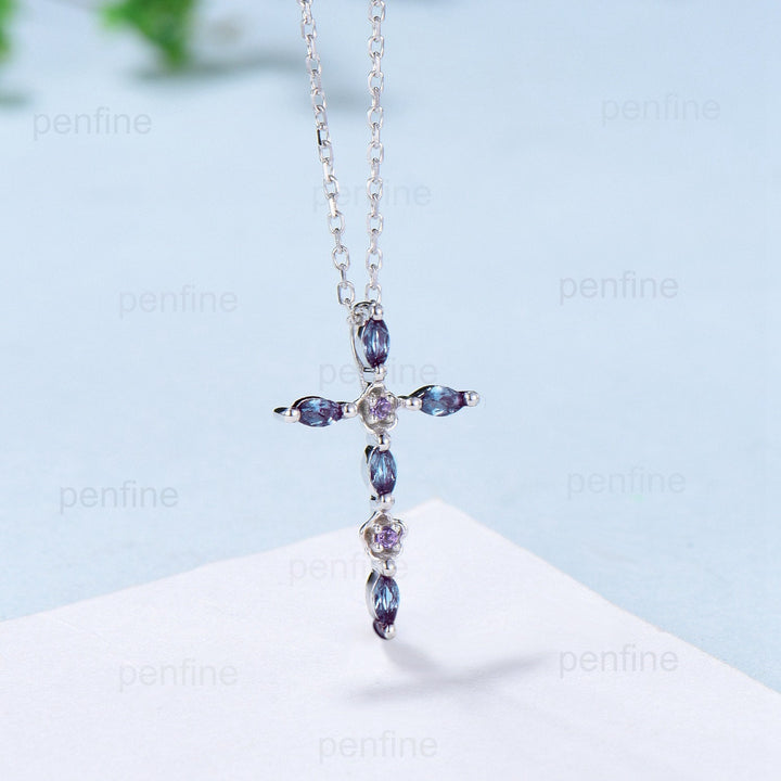 Cross Pendant Necklace Alexandrite Flower Amethyst Necklace Cross Jesus Retro Vintage Cross Pendant White Gold Anniversary gift for women - PENFINE