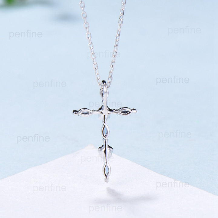 Cross Pendant Necklace Alexandrite Flower Amethyst Necklace Cross Jesus Retro Vintage Cross Pendant White Gold Anniversary gift for women - PENFINE