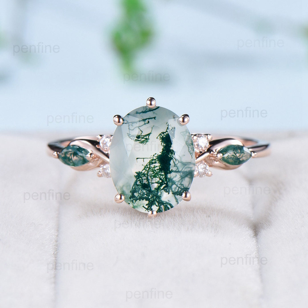 8x10mm Oval Cut Moss agate ring 3 Carat six prong green agate ring vintage 14K Rose Gold marquise agate wedding anniversary ring for women - PENFINE