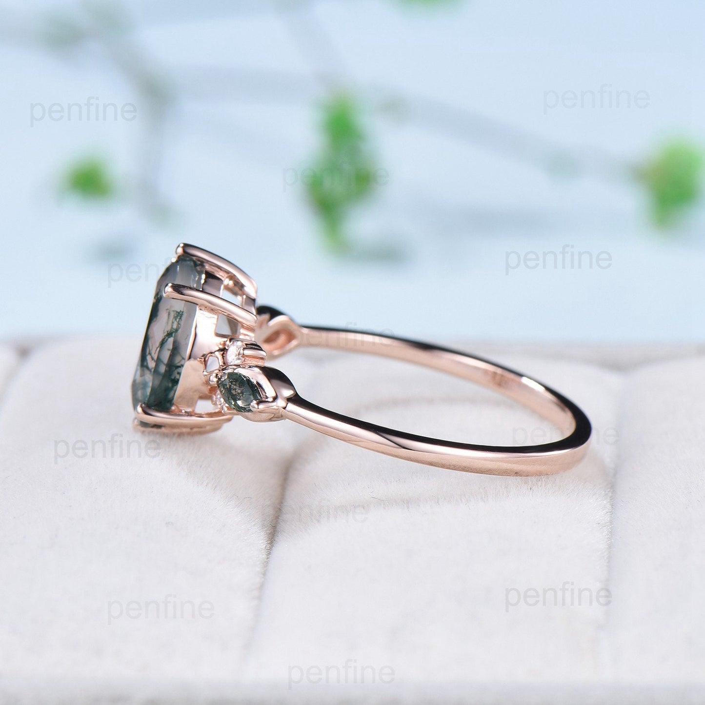 8x10mm Oval Cut Moss agate ring 3 Carat six prong green agate ring vintage 14K Rose Gold marquise agate wedding anniversary ring for women - PENFINE