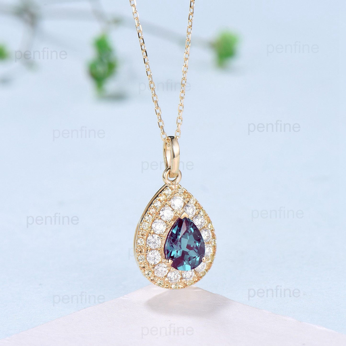 Unique Double Halo Alexandrite necklace vintage alternative  peridot citrine  pendant gold 18k yellow gold necklace engagement gift Women - PENFINE