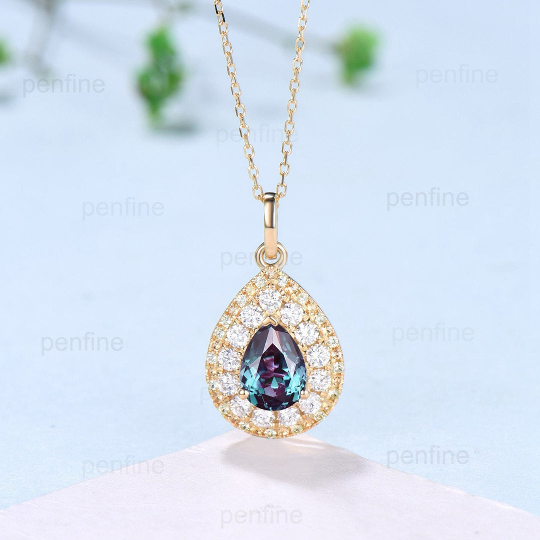 Unique Double Halo Alexandrite necklace vintage alternative  peridot citrine  pendant gold 18k yellow gold necklace engagement gift Women - PENFINE