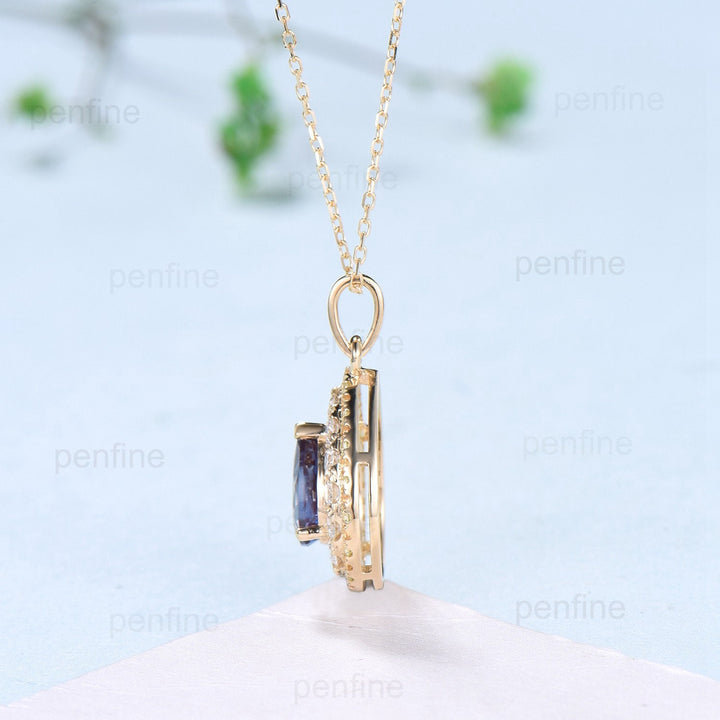 Unique Double Halo Alexandrite necklace vintage alternative  peridot citrine  pendant gold 18k yellow gold necklace engagement gift Women - PENFINE