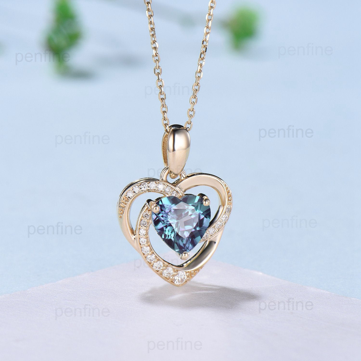 Elegant Heart Shaped Alexandrite Necklace Unique Vintage Pendant Necklace Floral Celtic love Pendant Art Deco Pendant Anniversary gift women - PENFINE