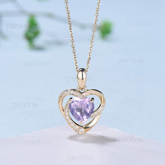 Vintage Heart Shaped Lavender Amethyst Necklace Unique Retro Pendant Purple Necklace Floral Forever Pendant Natural Pendant Anniversary gift - PENFINE