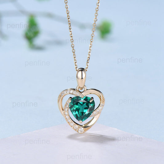 Vintage Heart Shaped Emerald Necklace Unique Retro Pendant Green Crystal Necklace Floral Pendant May Birthstone Pendant Anniversary gift - PENFINE