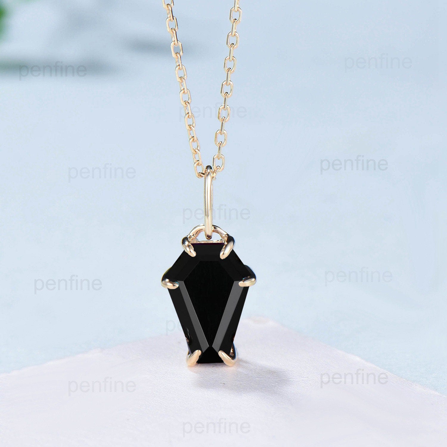 Natural Minimalist Coffin Shaped black onyx necklace solid 14k 18k rose gold U-Shaped pendant vintage unique Personalized pendant women - PENFINE