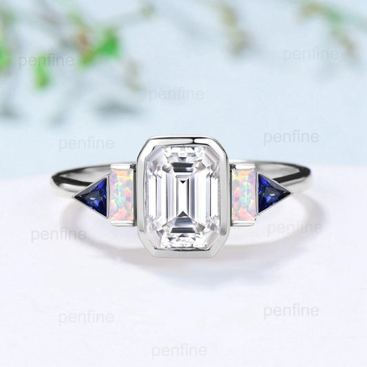 Unique Bezel Set Emerald Cut Moissanite Engagement Ring Retro Baguette Opal Trillion Blue Sapphire Wedding Ring Vintage Anniversary Ring - PENFINE