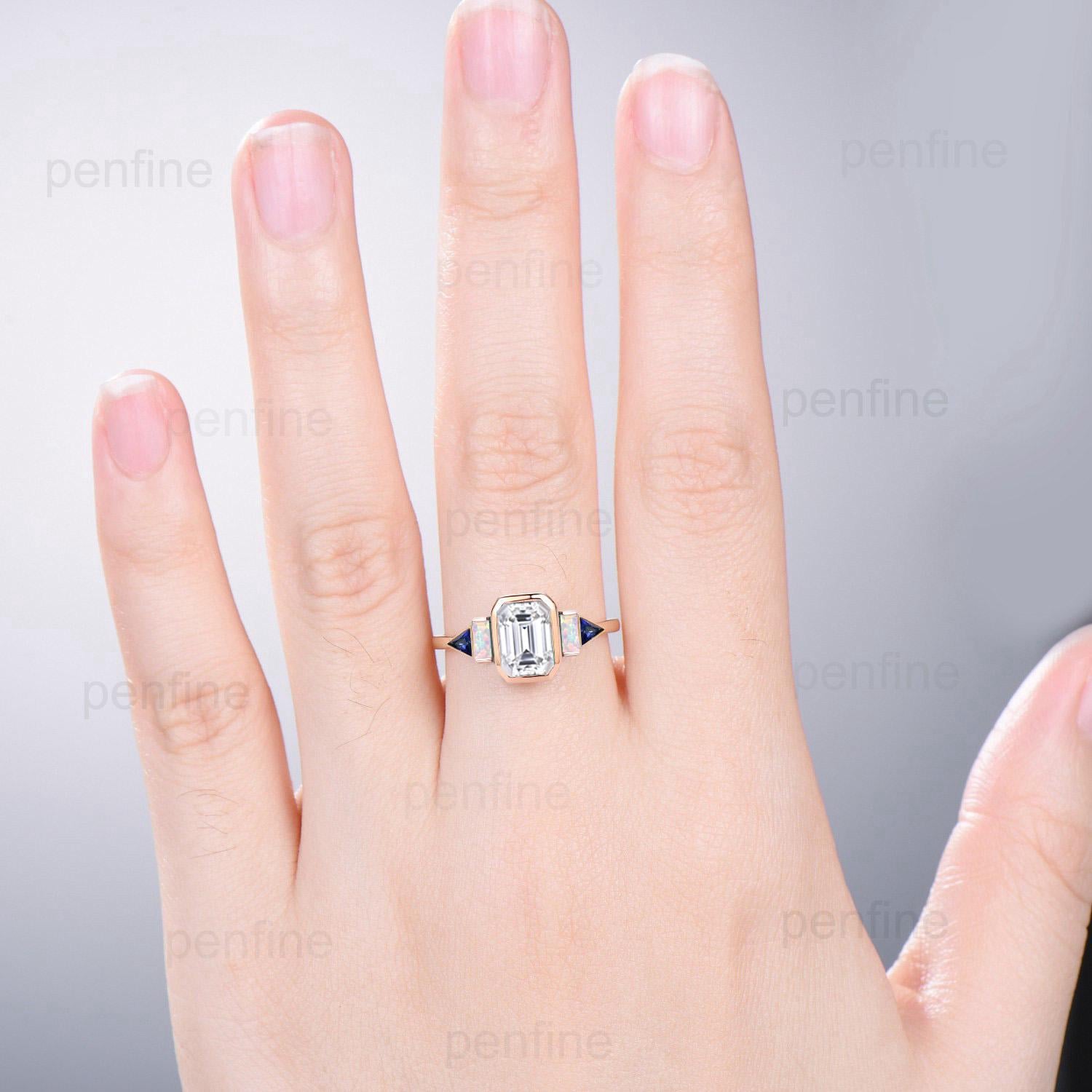 Unique Bezel Set Emerald Cut Moissanite Engagement Ring Retro Baguette Opal Trillion Blue Sapphire Wedding Ring Vintage Anniversary Ring - PENFINE