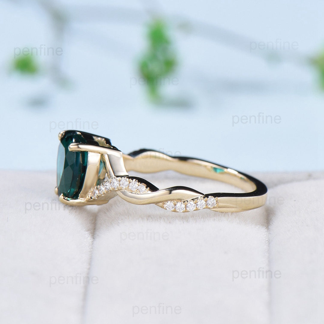 Twisted heart shaped emerald engagement ring set 14k yellow gold emerald diamonds infinity crossover band wedding ring May birthstone gift - PENFINE