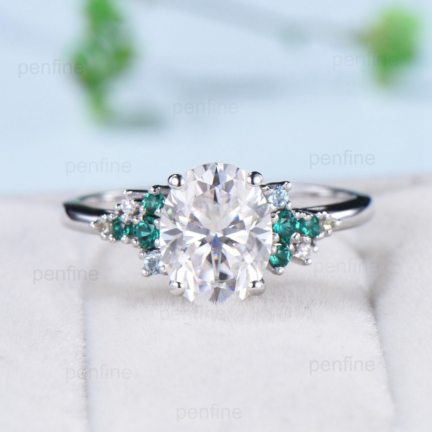 2 Carat Oval Moissanite Engagement Ring Vintage Unique Snowdrift Emerald Wedding Ring for Women Multi-stone topaz peridot anniversary ring - PENFINE