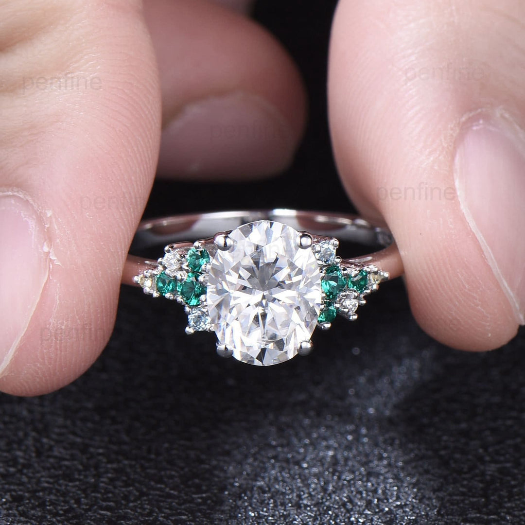 2 Carat Oval Moissanite Engagement Ring Vintage Unique Snowdrift Emerald Wedding Ring for Women Multi-stone topaz peridot anniversary ring - PENFINE