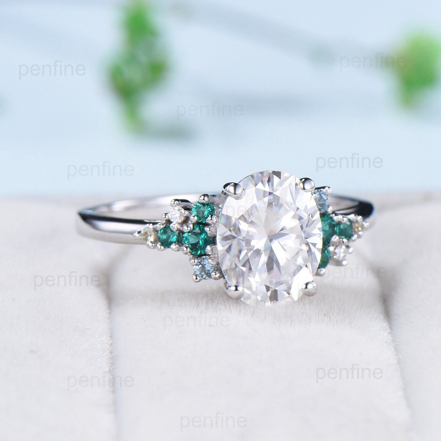 2 Carat Oval Moissanite Engagement Ring Vintage Unique Snowdrift Emerald Wedding Ring for Women Multi-stone topaz peridot anniversary ring - PENFINE