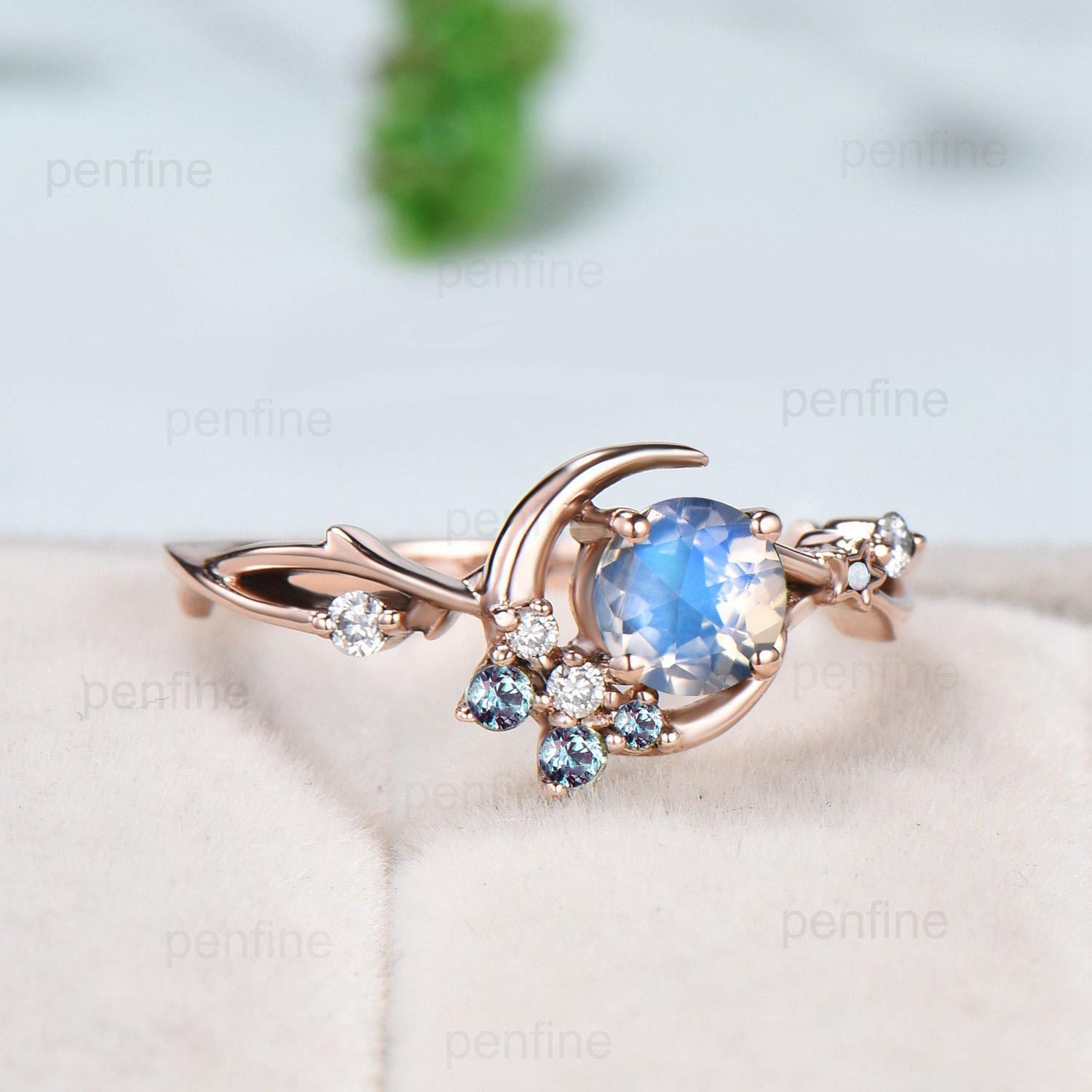 5mm Round Rose Cut Moonstone Engagement Ring /Cluster Alexandrite Opal Wedding Ring/ Vintage Star Moon June Birthstone Anniversary Ring - PENFINE