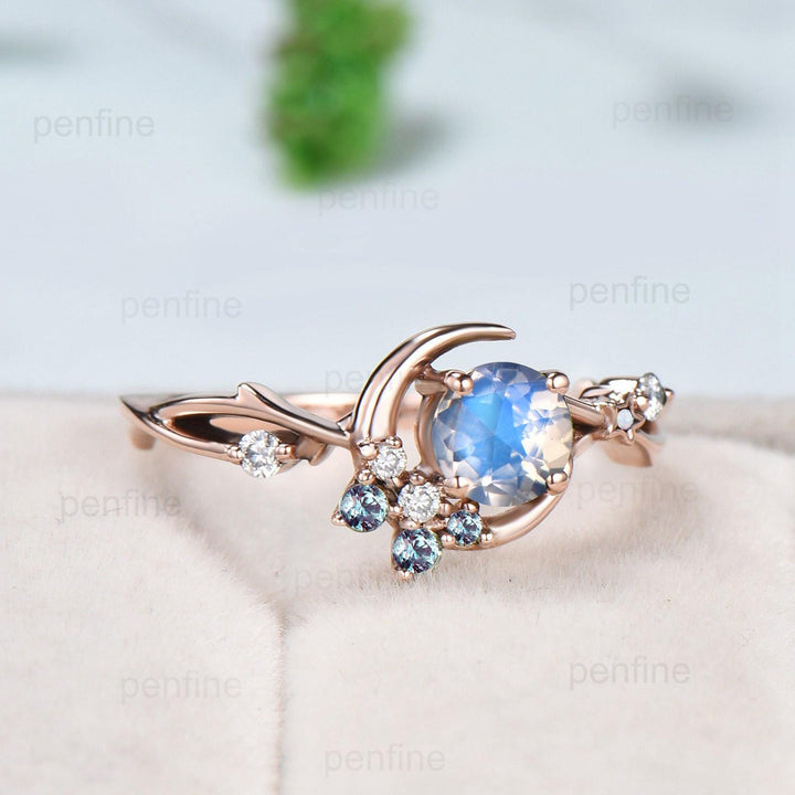 5mm Round Rose Cut Moonstone Engagement Ring /Cluster Alexandrite Opal Wedding Ring/ Vintage Star Moon June Birthstone Anniversary Ring - PENFINE