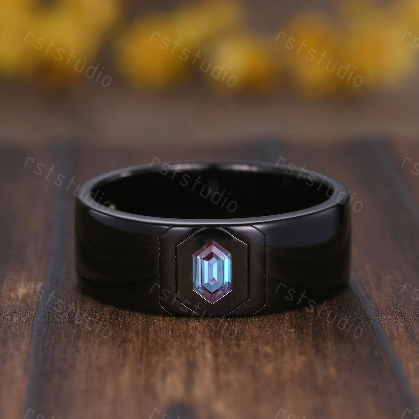 Nature Inspired Alexandrite Couple Ring Set : Emerald Leaf, Black Band