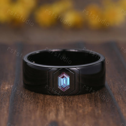 Nature Inspired Alexandrite Couple Ring Set : Emerald Leaf, Black Band
