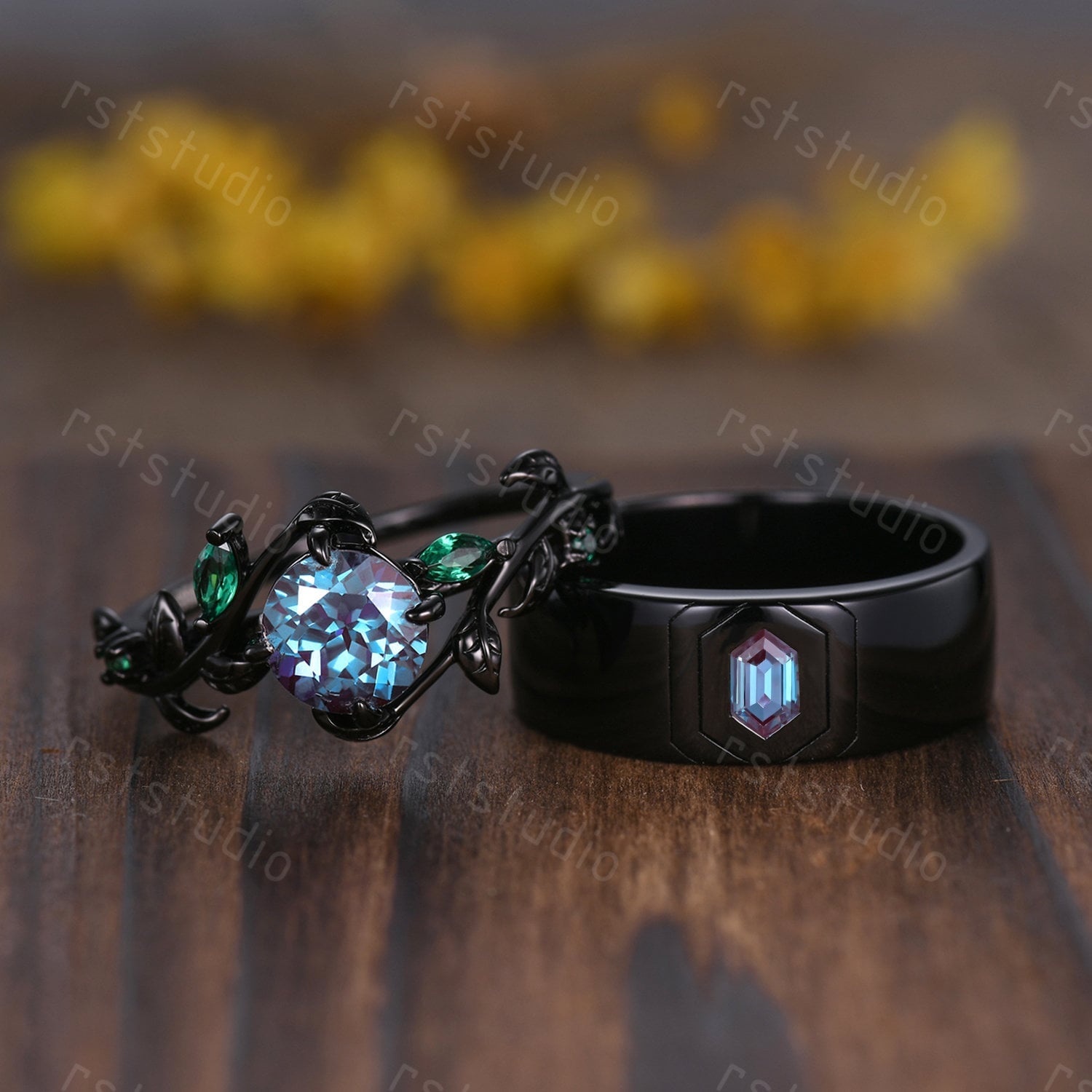Nature Inspired Alexandrite Couple Ring Set : Emerald Leaf, Black Band