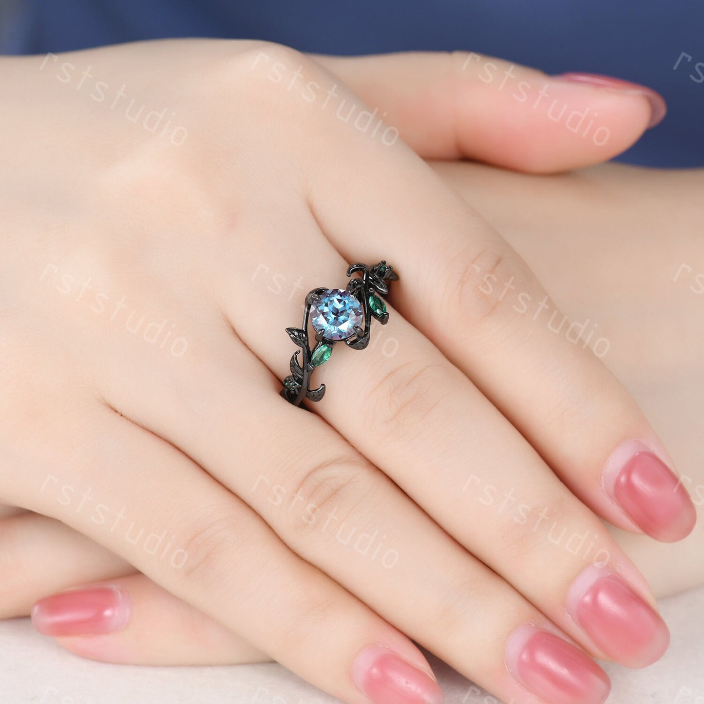 Nature Inspired Alexandrite Couple Ring Set : Emerald Leaf, Black Band