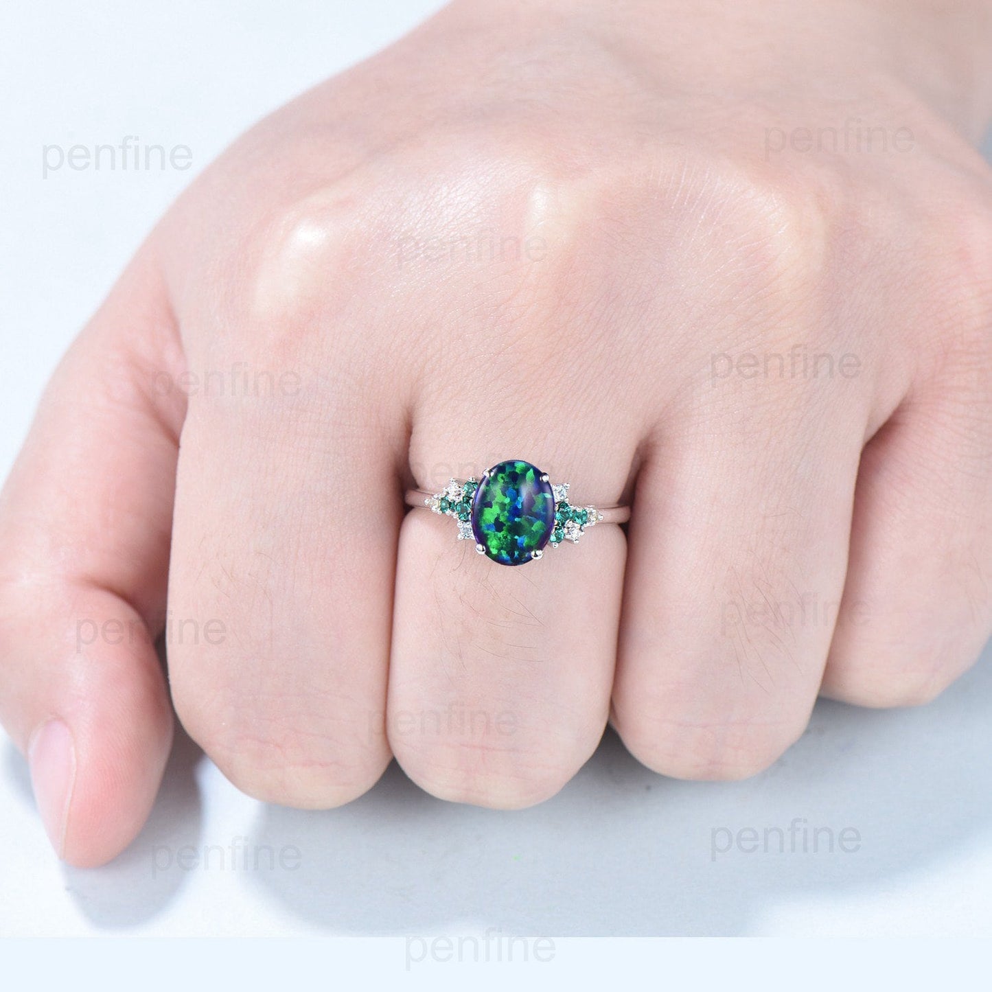 2 Carat Oval black Opal Engagement Ring Vintage Unique Snowdrift Emerald Wedding Ring for Women Multi-stone topaz peridot anniversary ring - PENFINE