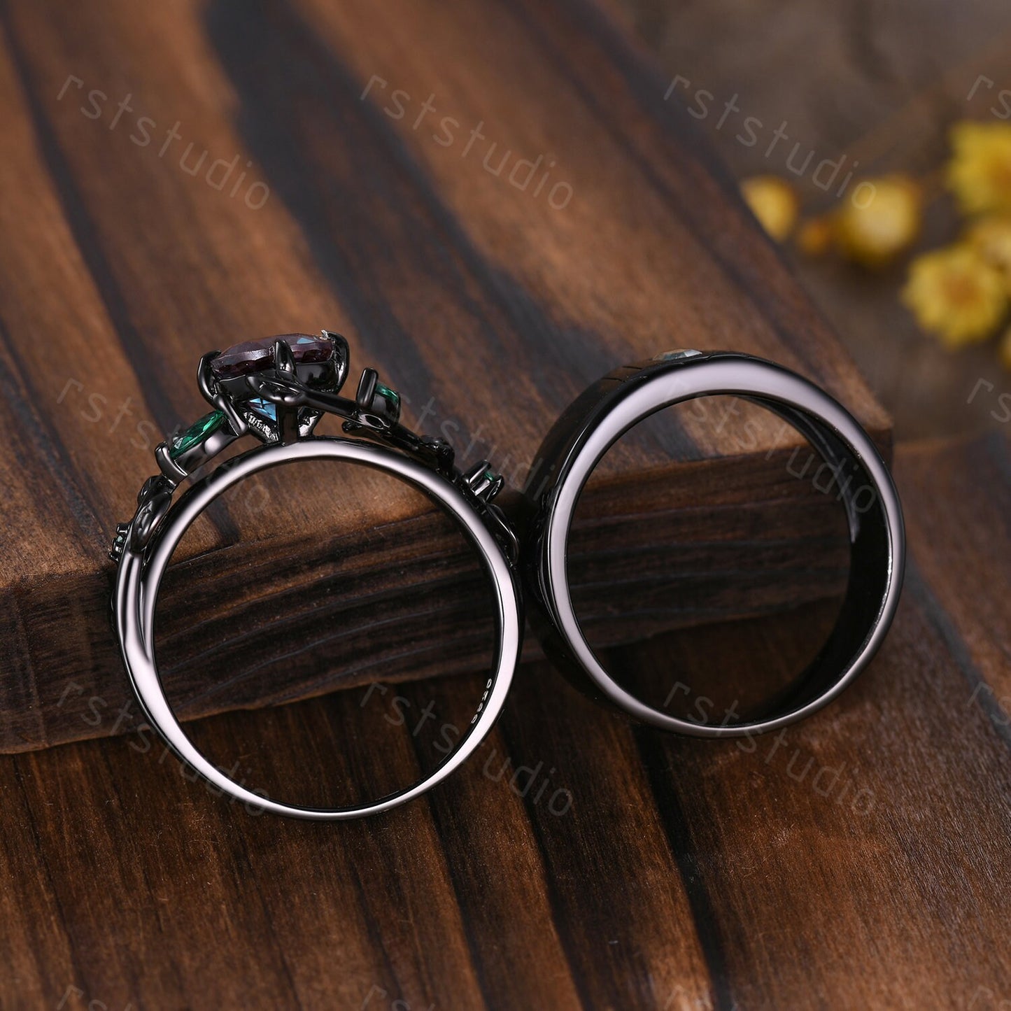 Gothic Moissanite Engagement Ring: 14k Black Gold Leaf Band